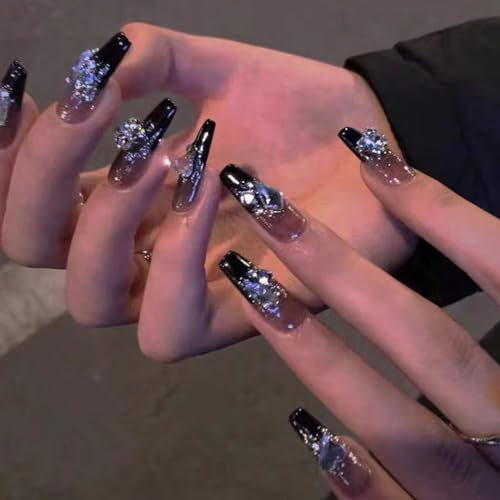 RabbFit Pack von 24 Nagel-Art-Set, Press On Nails Medium Black French Tip, Mit Diamant-Nägeln, Lange Acrylic Rhinestone Nails Exquisite Künstliche Nägel für Frauen DIY Maniküre
