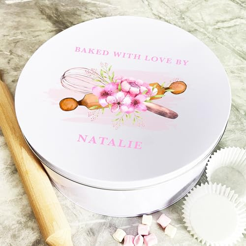 Personalised Round Flowers Baked With Love Biscuit Baking Treats Sweets Cake Tin Personalised Gift | Custom Gift | Personalized Tin | Cake, Biscuit & Treat Tins | Gift For Her | Gift For Him