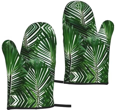 Nezih Lindos guantes de cocina con estampado de hojas de palma verdes para adultos, resistentes al calor, para microondas, hornear, cocinar a la parrilla, 5.9 x 11 pulgadas