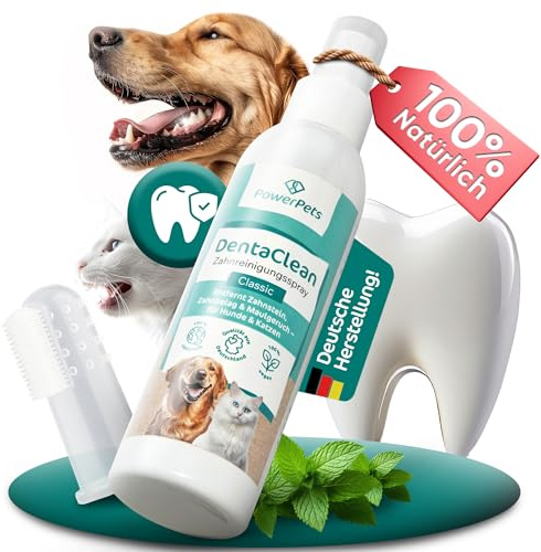 PowerPets - Dentalspray + GRATIS Fingerzahnbürste 130ml [ Hunde & Katzen ] -100% natürliche Maulhygiene - Schluss mit Zahnbelag | Zahnsteinentferner, Zahnreinigungsspray | Zahnspray mit Zahnbürste