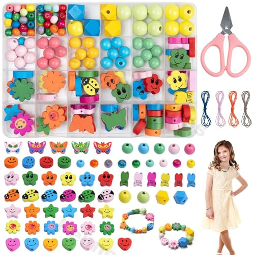VEPEPE 160 Piezas Cuentas de Madera de para Enhebrar, 18 Tipos Colores Cuentas de Madera Set con 1 Tijeras & 4 Cordel, Colores Abalorios para Pulseras, Collares, Regalos para personas