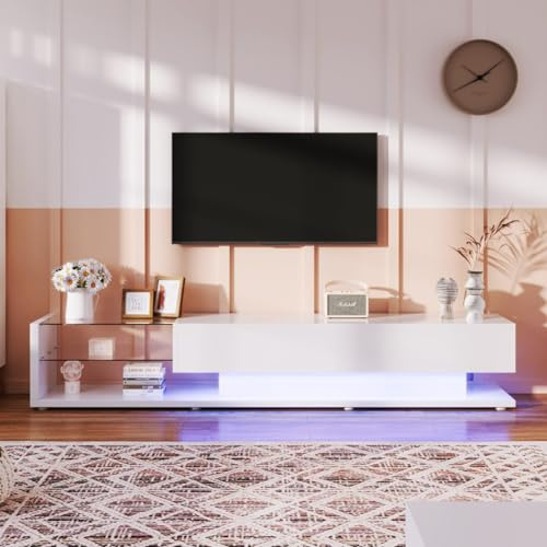 KOMHTOM Meuble TV blanc avec tiroirs, buffet TV avec LED et plateaux en verre, meuble TV pour salon chambre à coucher (Blanc)