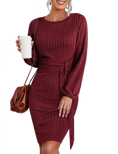 HOTOUCH Jumper Dress for Women Elegant Winter Knitted Dresses Ladies Sweater Round Neck Long Sleeve Bodycon Dress Midi Wine Red L