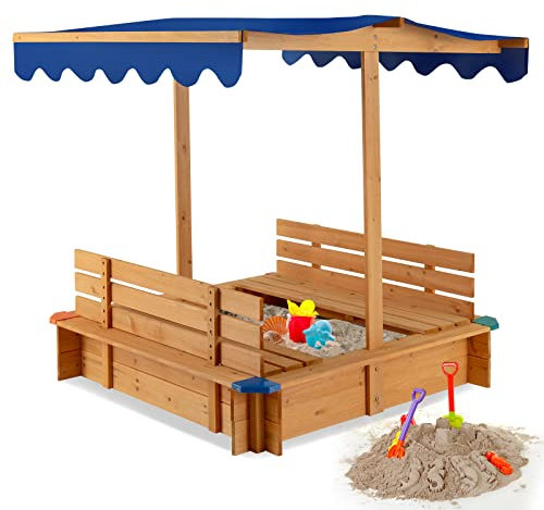 GOPLUS Sandkasten Kinder mit Sonnendach, Outdoor Sandkiste aus Zedernholz mit Überdachung, 2 abnehmbaren Sitzbänken & offenem Boden mit Einlage für Hof, Rasen, Garten, Park