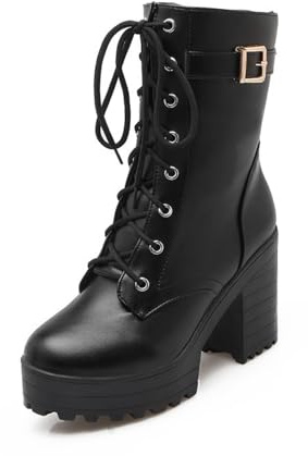 Gothic Platform Ankelboots Dam PU Läder Biker Booties Blockklack Stövlar Med Spänne Höst Vinter Snörstövlar Sexiga Högklackade Ankelskor for Fest(Black,43 EU)