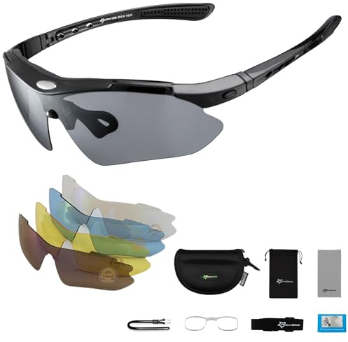 MUGI Polarisierte Sonnenbrille für Radfahren, Laufen und Sport | 5 austauschbare Gläser, UV-Schutz 400, winddicht, rutschfeste Fahrradbrille für Damen und Herren (schwarz)