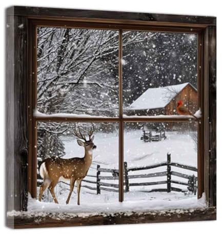 ZQQART Winter Canvas Wall Art Deer in the Snow Picture Prints Cardinal Painting Rustic Winter Scenic Poster Prints Bedroom Decor Framed(White,12.00 x 12.00)