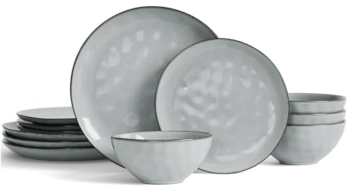 Richmount Ocean 12 Piece Dinner Set, Stoneware 3D Wave Relief Irregularly Shaped Plates and Bowls Set, Reactive Glaze Dinnerware Sets for 4, Dishwasher & Microwave Safe, Stylish & Durable, Grey