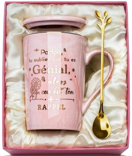 YIKILYLIFE Cadeau Femme, Cadeau Noel Femme, Cadea-u Anniversaire Femm-e Tasse 400ml, Rosa Mug Marbré Céramique, Cadea-u Personnalisé Femm e pour Collegue Amie Soeur Maman, vec Cuillère, Boîte, Carte