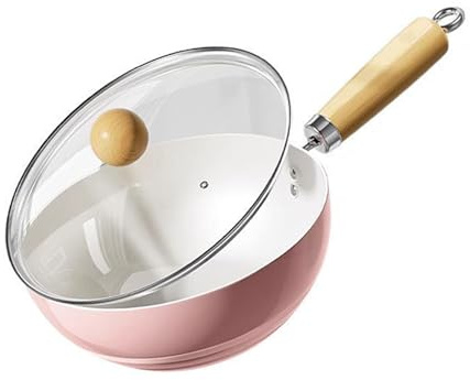 Nonstick Frying Pan with Lid,Ceramic Iron Sauce Pan with Keep Cool Wooden Handle, Cooking Pot Saucepan for Stew,Boil, Pasta,Sauce (Pink)