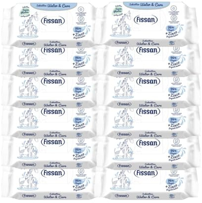 FISSAN - Salviettine Water & Care - Per Neonati E Bambini - Delicate su Mani, Viso e Glutei - 95% Acqua - Con Le Proprietà Lenitive Dello Zinco - 12 Confezioni - 624 Pezzi
