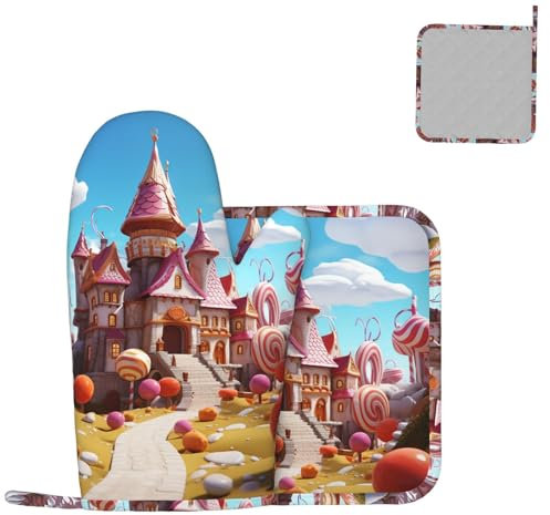 Ofenhandschuhe und Topflappen-Set, Cartoon-Land, Grillhandschuhe, hitzebeständig, Topflappen, rutschfeste Kochhandschuhe, dick, lang, für Grill, Backen, Mikrowelle, 2 Stück