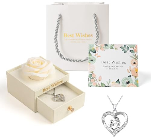 Preserved Rose & Artificial Flower Gift Box with Mother's Love Heart Necklace for Mom, Acrylic Box Sets, Perfect Jewelry Box with Drawer for Mother's Day & Birthday Gift, Romantic Wedding Gift