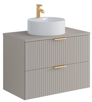 Vente-unique-Mobile per bagno sospeso con scanalature e lavabo da appoggio tondo 80 cm Beige - ZEVARA