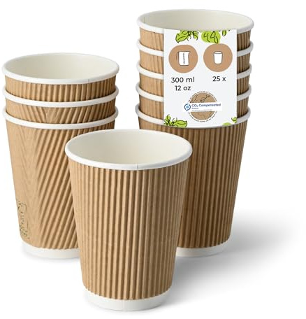 BIOZOYG Riffelbecher 25 Stück 300 ml / 12 oz, 90 mm, braun, innen weiß - Becher für Heißgetränke - Kaffeebecher to go aus Pappe - Einwegbecher, Alternative zu Styroporbecher