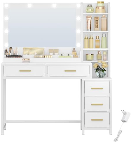 HEXCELEN Schminktisch, Schminktisch mit Groß Spiegel, Frisiertisch mit 5 Schubladen, 5 Offenen Fächern, Stauraum vor Dem Spiegel, Modern, Weiß, 40 × 110 × 141 cm