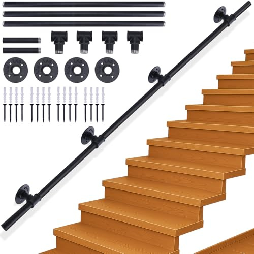 Handrails for Stairs, 3.95M Black Metal Banister Hand Rails for Stairs | Indoor Outdoor Non-Slip Industrial Style Grab stair Hand rails for Elderly with Wall Mounted Fittings – Smooth Welded Ends