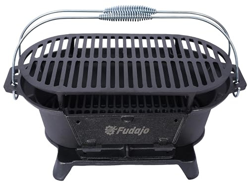 Portable Cast Iron Grills Outdoor, Oval Tabletop Charcoal Grill with Skillet, Durable Small Hibachi Griller for Camping, Tailgating, BBQ, Hunting, 19.6 Inches, Black, 26 lbs
