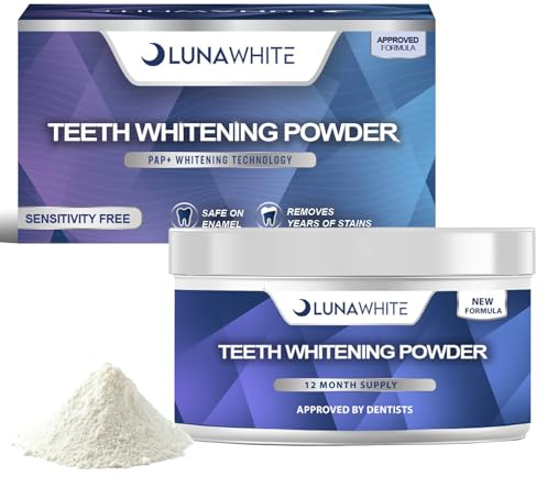 LUNAWHITE Teeth Whitening Powder -12 Month Supply - Coffee, Tea, Wine & Smoking Teeth Stain Remover - Gel Mint Flavour - Enamel Safe & Sensitivity Free Natural Tooth Whitener