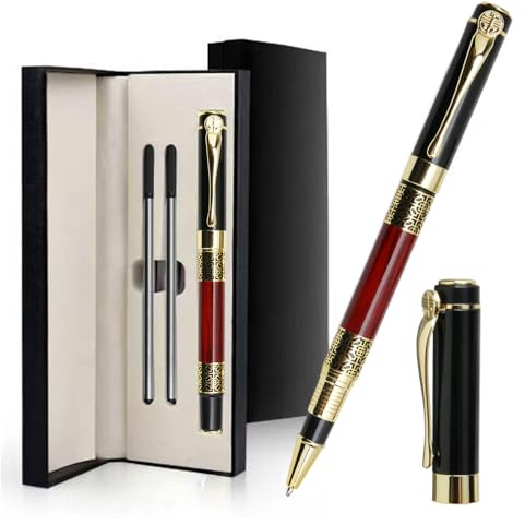 Wood Rollerball Pen Set Luxury Pen Gift Fancy Personalised Pen with Box Extra 2 Black Ink Refills Nice Pens for Writing Metal Ballpoint Pens Gift for Father's Day Men Women Executive Office