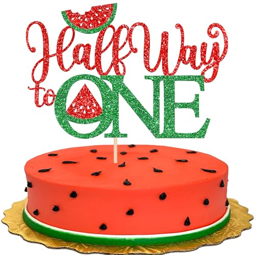Xsstarmi 1 Pack Half Way to One Cake Topper Red Green Glitter 1/2 Watermelon Cake Pick for Half a year old Happy 6 Month Birthday Party Cake Decorations Supplies