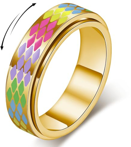 AmorArtSky rutig fidgetring för vuxna – 18K guldpläterat rostfritt stål roterande spinner smycken, ångest- och stresslindring, present till kvinnor/män (svart och vitt mönster), size 8, Rostfritt stål