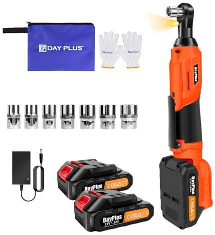 Lucn Cordless Ratchet Wrench, 45N.m 3/8 Inch Ratchet Kit, 2 x 1.5Ah Li-ion Batteries, Quick Charger, 21V Electric Ratchet Wrench with LED Light and 7 Sockets