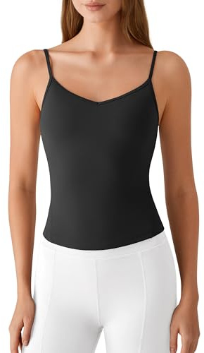 G4Free Yoga Workout Camisole Tops with Built in Bra Padded Pilates Ballet Spaghetti Straps Shelf Bras Camisoles (Black,M)