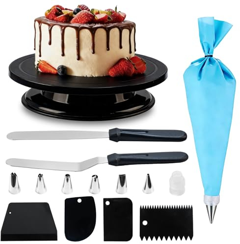 1 PcsCake Turntable, Cake Decorating Kits, Rotating Cake Turn Tables for Decorating Plates, Baking Supplies, with 2 Pcs 10 Inch Spatulas, 4 Scrapers, 8 Piping Bags and Nozzles Icing Piping Kit (Black)