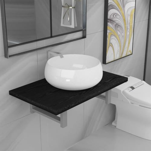 Ziaphsol 2-TLG. Badmöbel-Set Keramik Schwarz, Wandregal Holzwerkstoff, Rundes Aufsatzwaschbecken, 60x40x16,3 cm, Modernes Design für Badezimmer, Waschküche