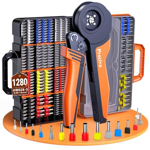 Preciva Kit d'outils de Sertissage, 0,08-16 mm² (AWG28-5) Pince Electricien | Pince à sertir à cliquet, Cosses de câble(simple et double) avec boîte à outils, Kit de sertissage pour câbles électriques