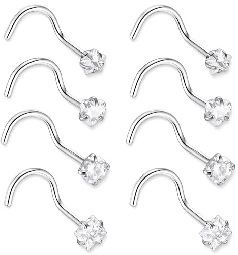 HekouJiub 8 PCS 20G 7mm Nose Ring Stud Piercing, Nose Studs Stainless Steel | Corkscrew Stud Piercings, Small Size, Daily Wear, Party, Dating, Piercing Jewellery Accessories for Women Men