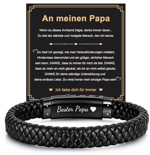 FLHEART Lederarmband Geschenke für Männer Papa Vatertagsgeschenk - Schwarz Leder Armband Herren Gravur Ich Liebe Dich für Mann Sohn Papa, Männer Armband Geschenke für Vatertag Geburtstag