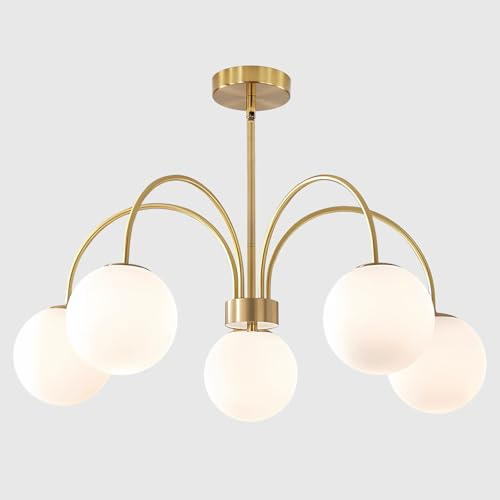 KCO Lighting Pendelleuchte Gold — 5-flammiger Sputnik-Kronleuchter mit Milchglas-Kugeln, G9, höhenverstellbar für Esszimmer