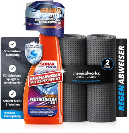 Auto Glasreiniger und Versiegelung Set: SONAX XTREME Ceramic ScheibenKlar 2in1 Glasversieglung 750ml + 2x Glasreinigungstücher | Scheibenreiniger Außen mit Abperleffekt für Autoscheiben