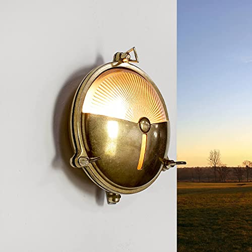 Außenwandleuchte rund Echt-Messing Antik rostfrei massiv E27 Riffelglas Ø21cm Wandlampe Haus Terrasse Balkon
