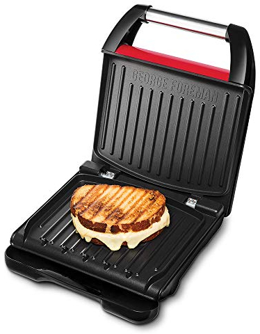 George Foreman Kontaktgrill & Panini- / Sandwichgrill [Größe 24x17cm - für 3 Portionen] Compact Steel Rot (für Fleisch, Fisch und Gemüse, Panini und Sandwichmaker, Reduziert bis zu 42 % Fett)25030-56