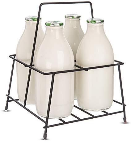 FiNeWaY 4 Milk Bottle Holder With Integrated Handle - Doorstep Retro Milk Crate - Glass Bottles, Wine Bottle Carrier