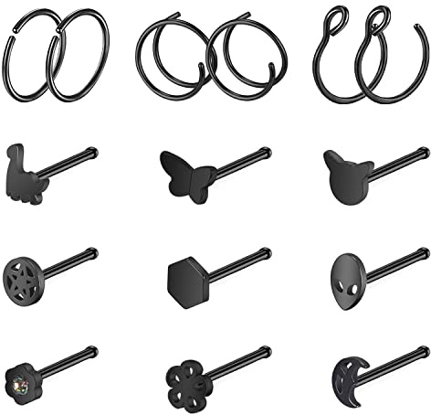 ZS 20 g Nasenstecker Nasenringe für Frauen, 15 Stück Chirurgenstahl Nasenstecker Ring L-förmig, schwarzer Fledermaus Totenkopf Korkenzieher Nasenpiercing Schmuck, Edelstahl