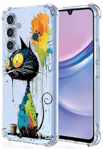 XINYEXIN Transparente Hülle für Samsung Galaxy A15 5G / A15 4G, Bunte Coole Kunst Graffiti Serie Süßes Muster, Ultra Dünn Stoßfest TPU Klare Handy Schutzhülle - Black Cat