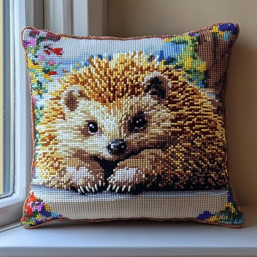 WallustrioaW Tier DIY Kreuzstichkissen,süßer Igel,Stickset,Kreuzstich Kissen zum Basteln Stickkissen Stickpackung mit Vorgedruckt Kreuzstichmotiv,45x45cm