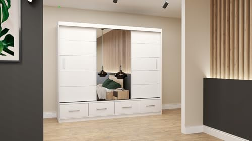 Easy4You Florence Weiß Schiebetürenschrank Kleiderschrank 250x218x61 cm mit Spiegel - Schlafzimmermöbel, Aufbewahrung – Mehrzweckschrank mit 4 Schubladen und 4 Kleiderstangen