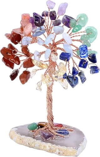 JAONLD 7 Chakra Crystal Tree, Mini Tree of Life Healing Crystal Tumble Stone Feng Shui Ornaments Gemstone Agate Money Figurines for Home Office Decor