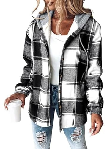 CHICME Womens Lightweight Casual Jacket Plaid Long Sleeve Shacket Fleece Lined Hooded Jackets Warm Coat Black-M