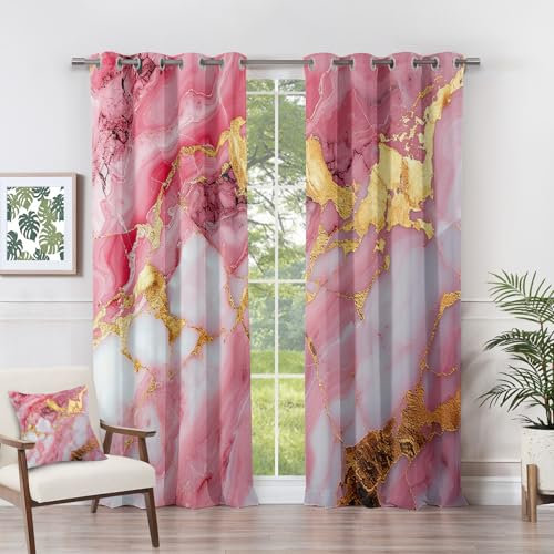 Abstract Rose Gold Thermal Blackout Curtains - Set of 2 Eyelet Drapes for Bedroom and Living Room Windows 140x260 cm Stylish Marble Design Light Blocking Energy Efficient