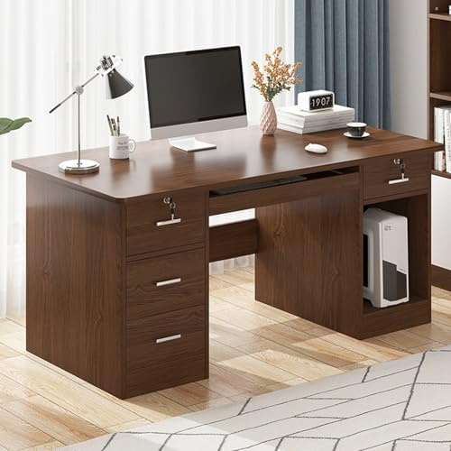 Bureau d'ordinateur moderne en noyer avec 3 tiroirs verrouillables, table de poste de travail élégante pour bureau à domicile, étude, salon, chambre à coucher (140 x 60 x 74 cm)