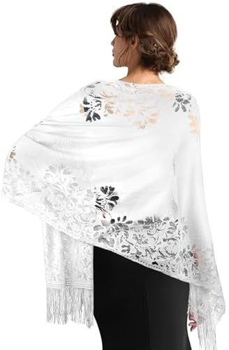 GWAWG 1PC Ladies Pashmina Shawls and Wraps for Wedding, Lace Mesh White Shawl & Scarf with Tassels for Women (White)