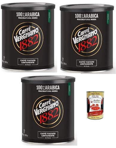 Caffè Vergnano 1882 100% Arabica – Mouture Moka, Café moulu 3x 250 g | Torréfaction lente | Arôme intense & corps équilibré | Boîte métal | Made in Italy + Italian Gourmet polpa 400g