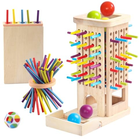 Vaskula Jouet Montessori 3 Ans Jeux de Tour en Bois avec 42 Bâtonnets Colorés 5 Boules Colorées Dés Boîte en Bois Jeux Educatif Enfant Jeu de Société Éducatif pour Cadeau Enfant