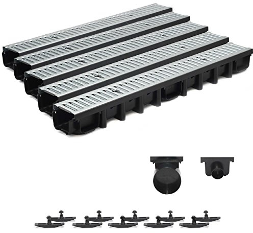 5m Entwässerungsrinne Terrassenrinne Stahlrost verzinkt komplett SET, System A15 98mm